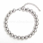 Non-Tarnish Simple Fashion Round 304 Stainless Steel Beaded Bracelets for Women, Stainless Steel Color, 7-1/8 inch(18cm), Round: 9mm(UG2742-3)