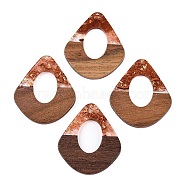 Transparent Resin and Walnut Wood Pendants, Hollow Teardrop Charms with Gold Foil, Sienna, 48x41x4mm, Hole: 2mm(RESI-T057-07C)