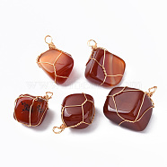 Natural Red Agate Pendants, with Golden Plated Brass Wire Wrapped, Nuggets, 14~25x15~32x13~21mm, Hole: 4mm(G-N332-50-03)