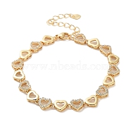 Rack Plating Brass Pave Clear Cubic Zirconia Heart Link Chain Bracelets for Women, Cadmium Free & Lead Free, Long-Lasting Plated, Real 18K Gold Plated, 7-1/4 inch(18.4cm)(BJEW-R317-07G)