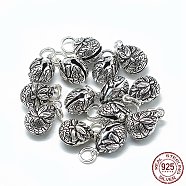 Thailand 925 Sterling Silver Bell Charms, with Jump Ring, Teardrop with Lotus, Antique Silver, 15x9x9mm, Hole: 4mm(STER-T002-11AS)