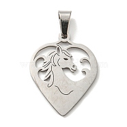 304 Stainless Steel Pendants, Laser Cut, Heart with Horse Charm, Stainless Steel Color, 26x20x1mm, Hole: 5.5x3mm(STAS-H184-07P)