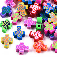 Handmade Polymer Clay Beads, Cross, Mixed Color, 12x10x4.5mm, Hole: 1.6mm(X-CLAY-T020-30)