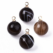 Natural Black Banded Agate Charms, with Golden Plated Brass Loops, Round, 14x10.5mm, Hole: 1.5mm(G-N332-024G-12)