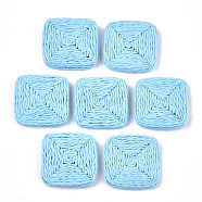 Handmade Woven Beads, Paper Imitation Raffia Covered with Wood, No Hole/Undrilled, Square, Cyan, 32~34x32~34x4~5mm(X-WOVE-T006-135C)