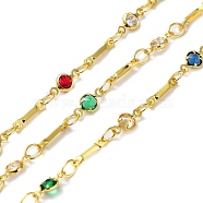 Cubic Zirconia Flat Round Link Chains, with Real 18K Gold Plated Brass Findings, Soldered, with Spool, Mixed Color, 4x8x1.5mm(CHC-K014-08G-04)