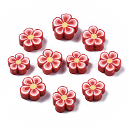 Handmade Polymer Clay Beads, Flower, Red, 7~10x7~11x3~5mm, Hole: 1.6mm(CLAY-S096-006E)