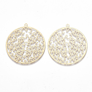 Brass Pendants, Etched Metal Embellishments, Matte Style, Flat Round with Clover, Matte Gold Color, 37.5x35x0.3mm, Hole: 1.6mm(KKC-T001-08MG)
