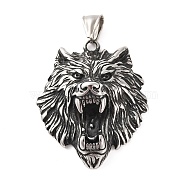 316 Surgical Stainless Steel Pendants, Wolf Charm, Antique Silver, 46.5x38.5x13.5mm, Hole: 9x4mm(STAS-Z073-15AS)