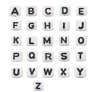Opaque Acrylic Beads, White, Cube with Alphabet, Letter A~Z, Black, 6x6x6mm(JX232B)
