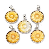 Natural Yellow Shell Carved Sunflower Pendants, Rack Plating Brass Flat Round Charms, Platinum, 20.5x17x3.5mm, Hole: 3.5x5mm(KK-D537-03P-01)