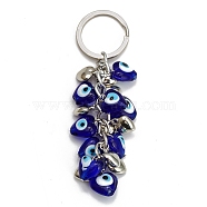 Heart with Evil Eye Lampwork Pendant Keychains, for Bag Car Key Decoration, Blue, 11x1.5~1.6cm(PW-WG18858-03)
