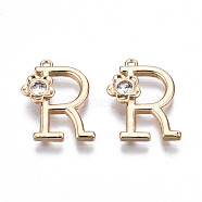 Brass Pendants, with Rhinestones, Alphabet, Golden, Letter.R, 18x13x2.5mm, Hole: 1mm(KK-Q768-001G-R)