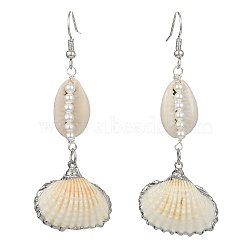 Shell Shape Natural Pearl & Shell Dangle Earrings for Women, with 316 Surgical Stainless Steel Earring Hooks, Stainless Steel Color, 75.5~76x30~31mm(EJEW-TA00303)