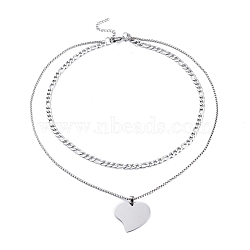 Non-Tarnish 304 Stainless Steel Double Layer Necklaces, with Figaro Chains & Box Chains, Heart, Stainless Steel Color, 17.72 inch(45cm)(NJEW-M181-12P)