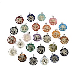 Natural & Synthetic Mixed Gemstone Flat Round Pendants, Tree of Life Charms with Rack Plating Platinum Tone Brass Snap on Bails, Cadmium Free & Lead Free, Mixed Dyed and Undyed, 30.5~32x25~25.5x6.5~7.5mm, Hole: 4.5x3.5mm(G-Q188-01P)