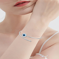 1Pc Alloy Cuff Bangles for Women, Flat Round with Light Blue Evil Eye(BJEW-LP0004-38C)