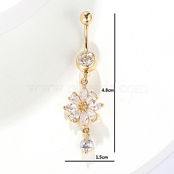 Brass Fashionable Sexy Cubic Zirconia Flower Belly Button Rings, Golden, Clear, 48x15mm(CB1661)