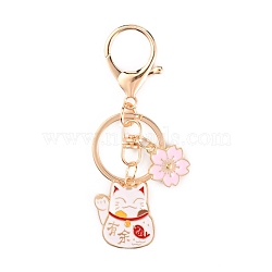 Chinese Style Alloy Enamel Keychains, with Iron Lobster Clasp and Rings, Cat with Flower, WhiteSmoke, 9.15cm(KEYC-WH0027-43B)