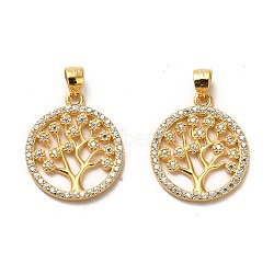 925 Sterling Silver Pendant, with Cubic Zirconia, Flat Round with Tree of Life Charms, with 925 Stamp, Real 18K Gold Plated, 17.5x15x1.6mm, Hole: 4x3mm(STER-H110-17G)