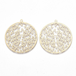 Brass Pendants, Etched Metal Embellishments, Matte Style, Flat Round with Clover, Matte Gold Color, 37.5x35x0.3mm, Hole: 1.6mm(KKC-T001-08MG)