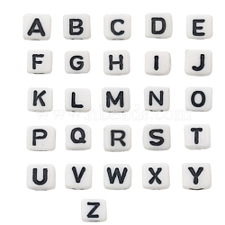 Opaque Acrylic Beads, White, Cube with Alphabet, Letter A~Z, Black, 6x6x6mm(JX232B)