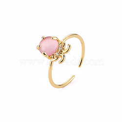Brass Micro Pave Clear Cubic Zirconia Cuff Rings, Open Rings, with Cat Eye, Octopus, Cadmium Free & Nickel Free & Lead Free, Pink, Real 16K Gold Plated, US Size 7 1/4(17.5mm)(RJEW-S045-086-NR)