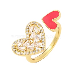 Brass Micro Pave Clear Cubic Zirconia Open Cuff Rings, Heart Enamel Ring for Women, Lead Free & Cadmium Free, Real 18K Gold Plated, Red, Inner Diameter: 17.2mm(RJEW-U009-04A-G)