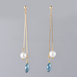 Long Chain Earrings, Brass Dangle Stud Earrings, with Glass Beads and Earring Backs, Golden, Blue, 83mm, Pin: 0.7mm(EJEW-JE03691-01)