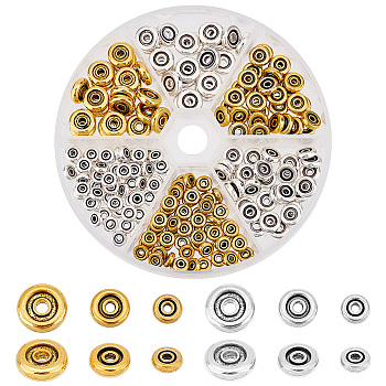 6 Style Tibetan Style Zinc Alloy Spacer Beads, Flat Round, Mixed Color, 6~10x1.5~3mm, Hole: 1.6~2mm, 220pcs/box