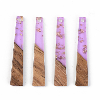 Transparent Resin & Walnut Wood Pendants, with Gold Foil, Trapezoid, Lilac, 44.5x8x3mm, Hole: 2mm