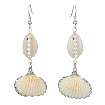 Shell Shape Natural Pearl & Shell Dangle Earrings for Women, with 316 Surgical Stainless Steel Earring Hooks, Stainless Steel Color, 75.5~76x30~31mm