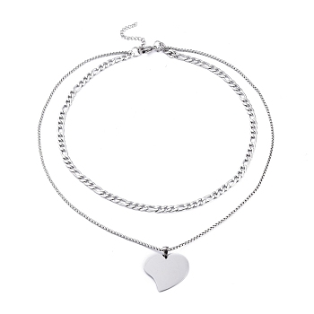 304 Stainless Steel Double Layer Necklaces, with Figaro Chains & Box Chains, Heart, Stainless Steel Color, 17.72 inch(45cm)