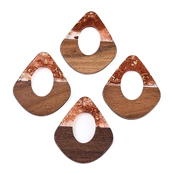 Transparent Resin and Walnut Wood Pendants, Hollow Teardrop Charms with Gold Foil, Sienna, 48x41x4mm, Hole: 2mm