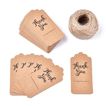 Paper Gift Tags, Hang Tags, with Jute Twine, for Wedding Thanksgiving, Rectangle with Word Thank You for Celebrating with Us, BurlyWood, 9.5x4.5x0.05mm, Hole: 5.3mm, 100pcs/set