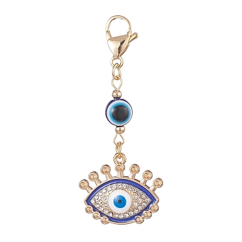 Evil Eye Alloy Enamel with Rhinestone Pendant Decoration, Resin Beads and 304 Stainless Steel Lobster Claw Clasps, Eye, 57mm