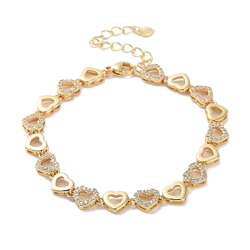 Rack Plating Brass Pave Clear Cubic Zirconia Heart Link Chain Bracelets for Women, Cadmium Free & Lead Free, Long-Lasting Plated, Real 18K Gold Plated, 7-1/4 inch(18.4cm)
