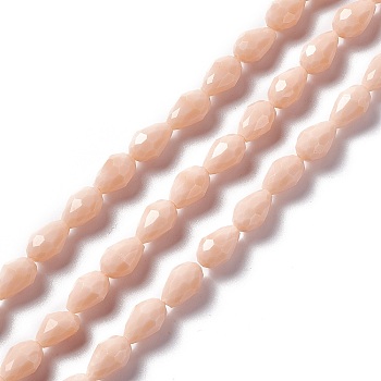 Faceted Glass Beads Strands, Teardrop, PeachPuff, 12x8~9mm, Hole: 1.2mm, about 57pcs/strand, 23.74''(60.3cm)