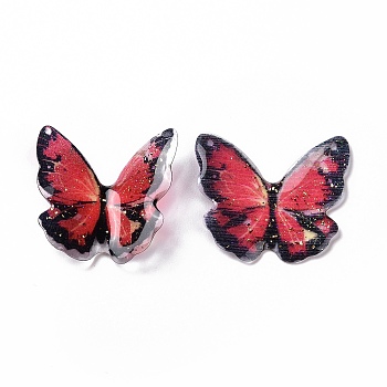 Transparent Resin Cabochons, with Gold Foil, Butterfly, Crimson, 21.5~22x22~24.5x1.5~4.7mm