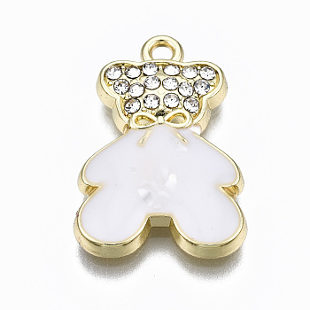 Alloy Enamel Pendants, with Crystal Rhinestone and Natural Shell, Bear, Cadmium Free & Lead Free, Light Gold, White, 21x14.5x3mm, Hole: 1.5mm