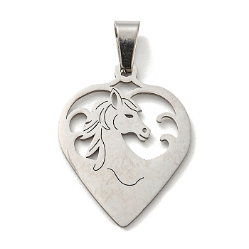 304 Stainless Steel Pendants, Laser Cut, Heart with Horse Charm, Stainless Steel Color, 26x20x1mm, Hole: 5.5x3mm