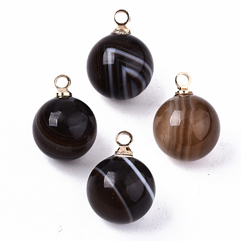 Natural Black Banded Agate Charms, with Golden Plated Brass Loops, Round, 14x10.5mm, Hole: 1.5mm