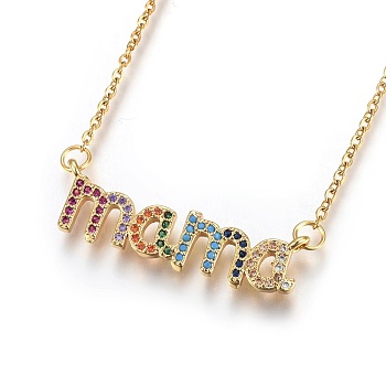 304 Stainless Steel Pendant Necklaces, Mother's Day Jewelry, with Cubic Zirconia, Word Mama, Colorful, Golden, 18.8 inch(48cm), Pendant: 32x9x2mm