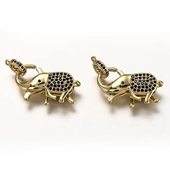 Brass Micro Pave Black Cubic Zirconia Lobster Claw Clasps, with Bail Beads/Tube Bails, Long-Lasting Plated, Real 18K Gold Plated, Elephant, 17.5x25x6mm, Hole: 1.2mm