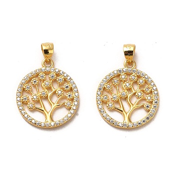 925 Sterling Silver Pendant, with Cubic Zirconia, Flat Round with Tree of Life Charms, with 925 Stamp, Real 18K Gold Plated, 17.5x15x1.6mm, Hole: 4x3mm