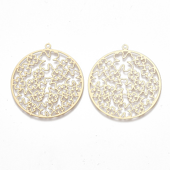 Brass Pendants, Etched Metal Embellishments, Matte Style, Flat Round with Clover, Matte Gold Color, 37.5x35x0.3mm, Hole: 1.6mm