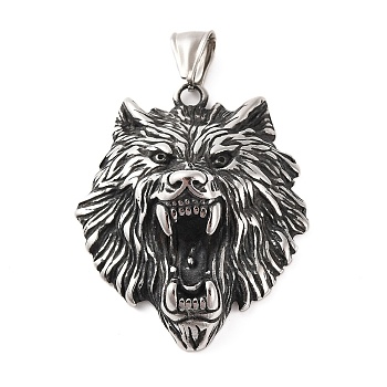 316 Surgical Stainless Steel Pendants, Wolf Charm, Antique Silver, 46.5x38.5x13.5mm, Hole: 9x4mm