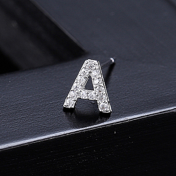 Platinum Brass Micro Pave Cubic Zirconia Stud Earrings, Initial Letter, Letter A, No Size