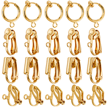 24Pcs 4 Style Brass & 304 Stainless Steel Clip-on Hoop Earring Findings, with Loops, for Non-pierced Ears, Real 18K Gold Plated, 12~16x6~12x1.5~9mm, Hole: 0.6~1.8mm, 6Pcs/style