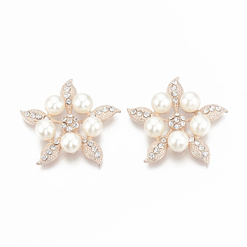 Alloy Rhinestone Flat Back Cabochons, with ABS Plastic Imitation Pearl, Flower, Rose Gold, 36x38x9mm